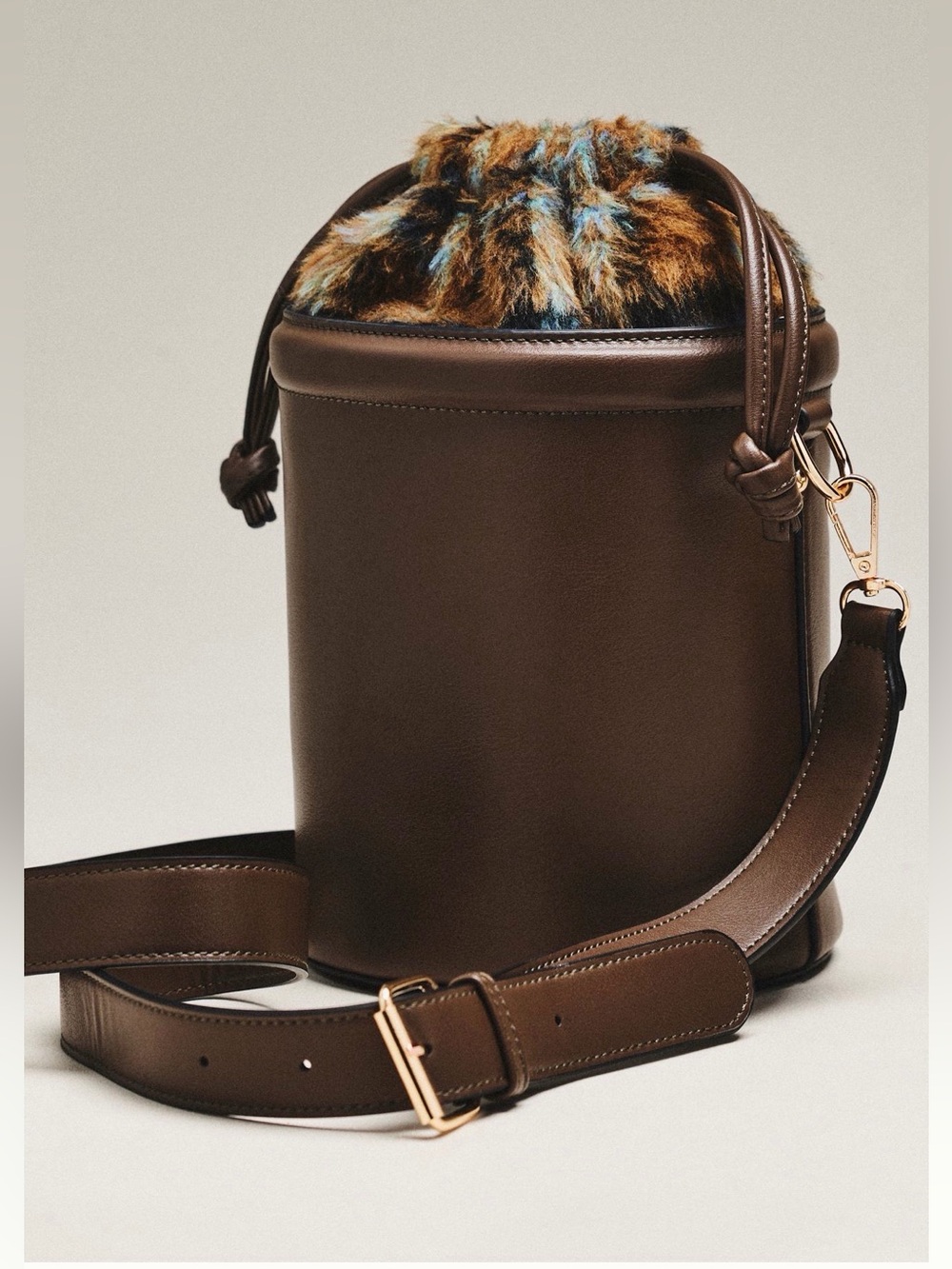 New Anthropologie Maeve faux leather cinched bucket bag w fabric brown blue